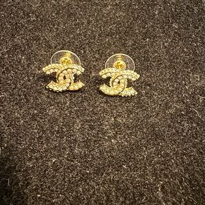 CHANEL Gold and Crystal Logo Earrings